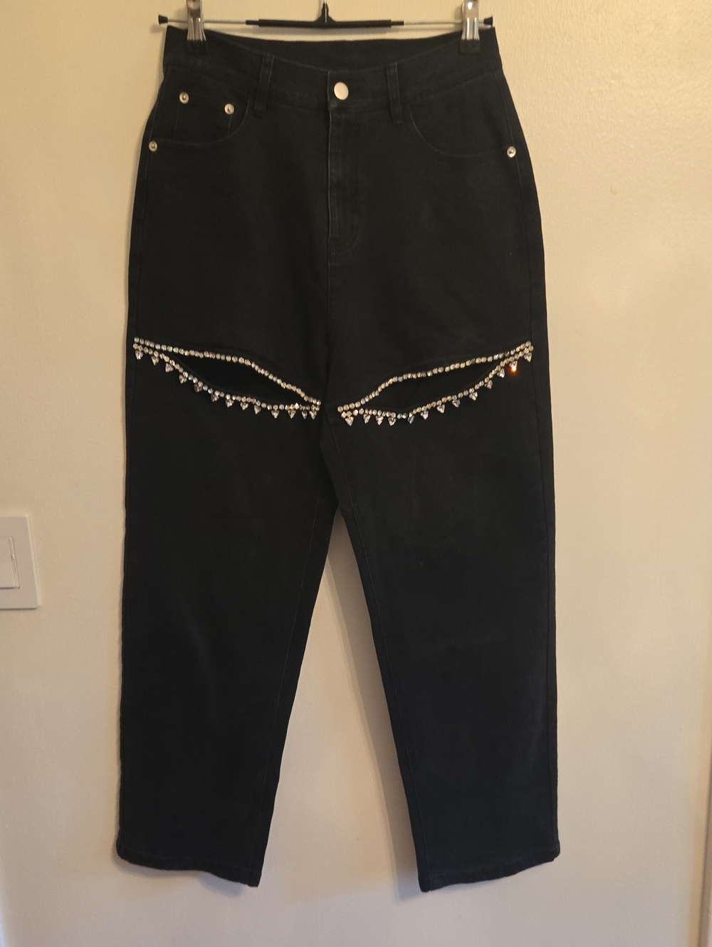 Unbranded Black High Waist Straight Leg Jeans With Rhinestone Cut-Outs Waist 27